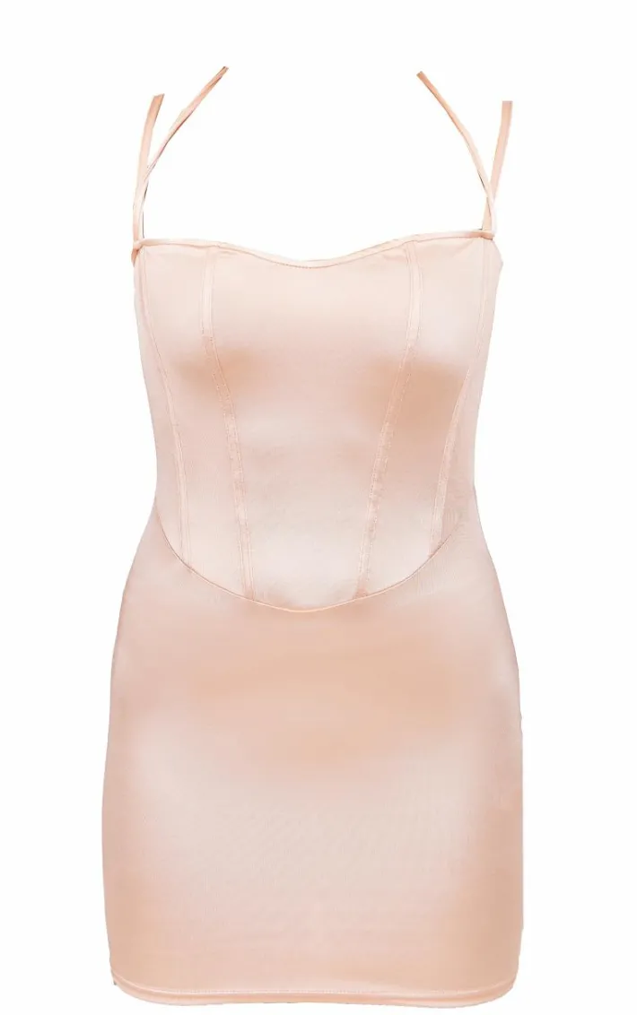 Nude Satin Corset Detail Mini Dress