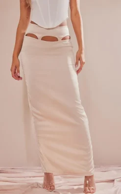 Nude Satin Cut Out Suspender Midi Skirt
