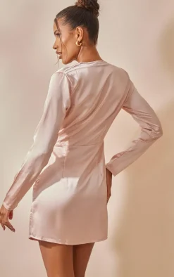 Nude Satin Long Sleeve Wrap Dress