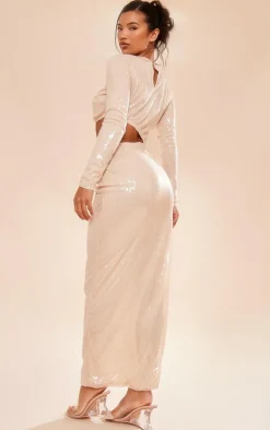Nude Sequin Cut Out Long Sleeve Maxi Dress