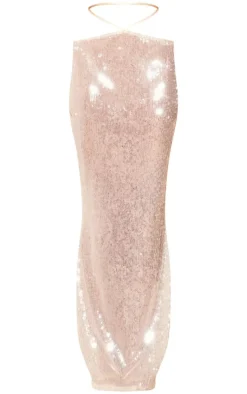 Nude Sequin Low Rise Maxi Skirt