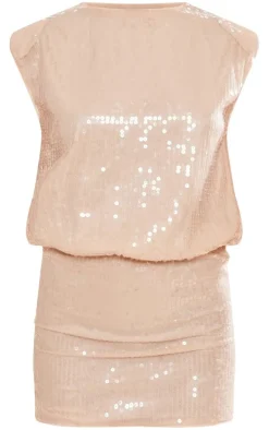 Nude Sequin Shoulder Pad Sleeveless Bodycon Dress
