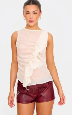 Nude Textured Fitted Chiffon Ruffle Detail Long Top