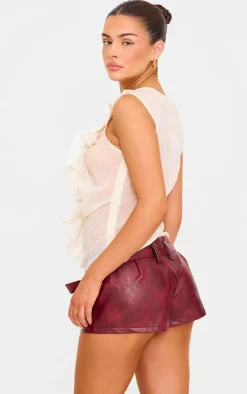 Nude Textured Fitted Chiffon Ruffle Detail Long Top