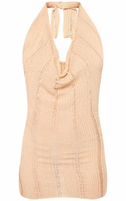 Nude Textured Halter Neck Cowl Neck Mini Dress