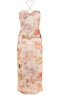 Nude Tropical Print Mesh Halterneck Maxi Dress