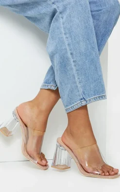 Nude Wide Fit Clear Flared Block Heel Mules