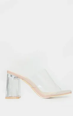 Nude Wide Fit Clear Flared Block Heel Mules