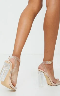 Nude Wide Fit Clear High Block Heel Strappy Heel Sandals