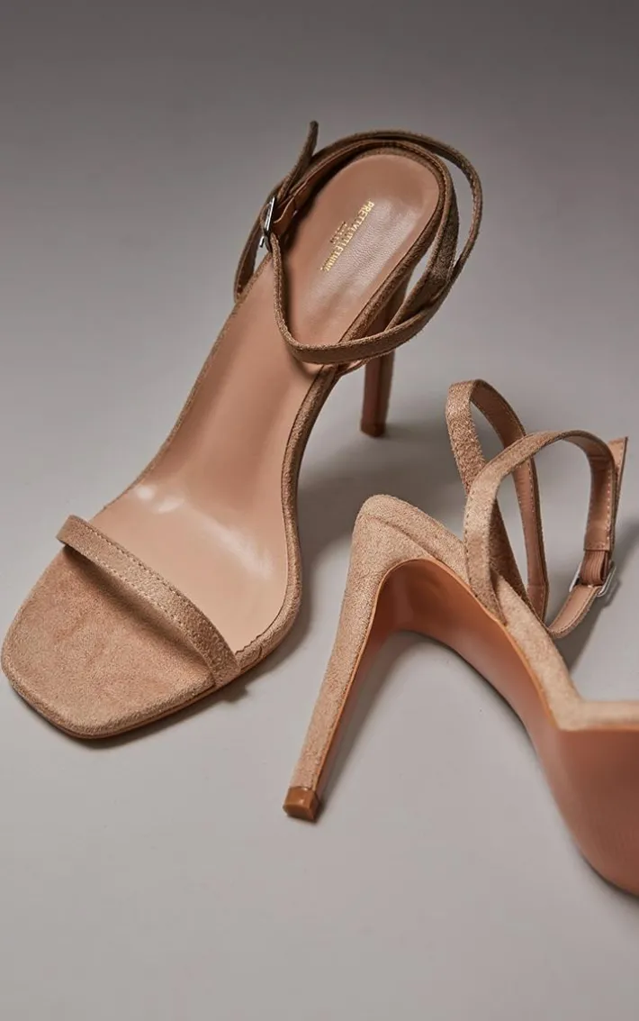 Nude Wide Fit Faux Suede Square Toe Barely There Strappy High Heels
