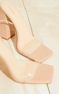 Nude Wide Fit Patent Pu Clear Strap Block Heel Sandals