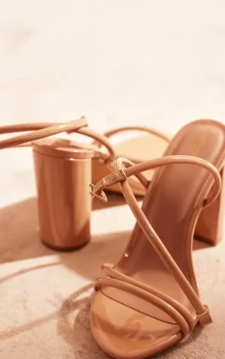 Nude Wide Fit PU Round Toe Barely There Block High Heeled Sandals