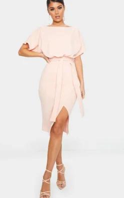 Nude Wrap Front Kimono Sleeve Midi Dress