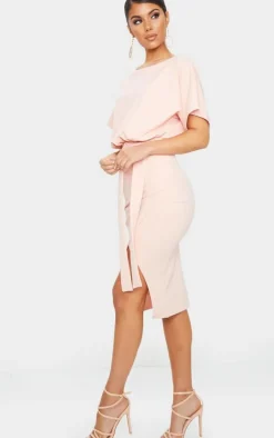 Nude Wrap Front Kimono Sleeve Midi Dress