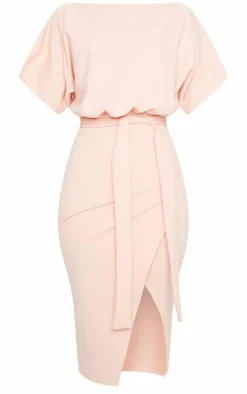 Nude Wrap Front Kimono Sleeve Midi Dress