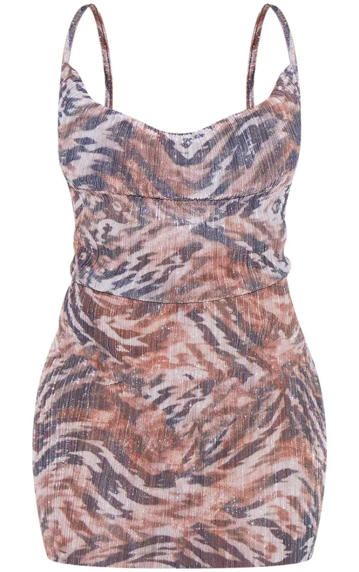 Nude Zebra Print Cowl Neck Shift Dress