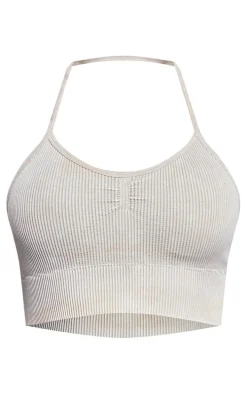 Oatmeal Acid Wash Seamless Rib Longline Cage Back Top