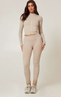 Oatmeal Acid Wash Seamless Ribbed Zip Up Cropped Sports Jacket