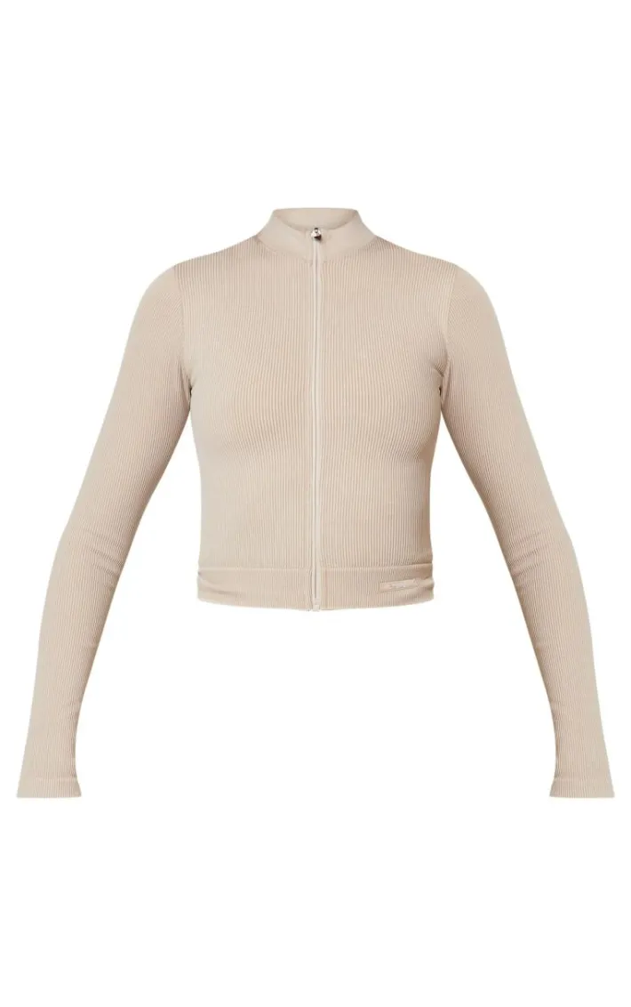 Oatmeal Acid Wash Seamless Ribbed Zip Up Cropped Sports Jacket