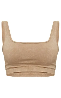 Oatmeal Acid Wash Seamless Cropped Sports Bra