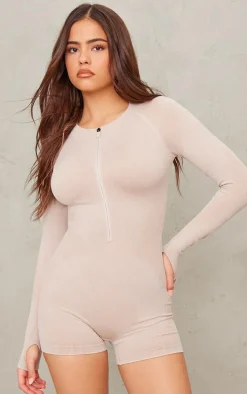 Oatmeal Acid Wash Seamless Rib Cut Out Back Short Gym Unitard