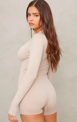 Oatmeal Acid Wash Seamless Rib Cut Out Back Short Gym Unitard