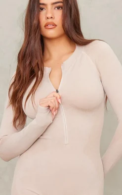 Oatmeal Acid Wash Seamless Rib Cut Out Back Short Gym Unitard