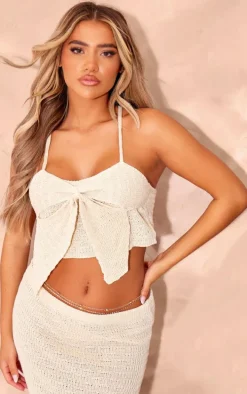 Oatmeal Bow Front Textured Crochet Crop Top