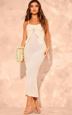 Oatmeal Bow Front Textured Crochet Maxi Dress