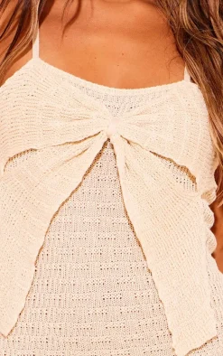 Oatmeal Bow Front Textured Crochet Maxi Dress