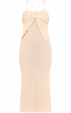 Oatmeal Bow Front Textured Crochet Maxi Dress