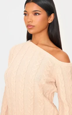 Oatmeal Cable Knit Asymmetric Neckline Oversized Sweater