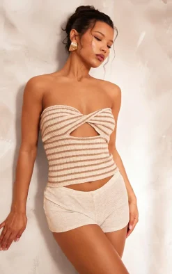 Oatmeal Contrast Twist Knit Cut Out Bandeau Top