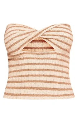 Oatmeal Contrast Twist Knit Cut Out Bandeau Top