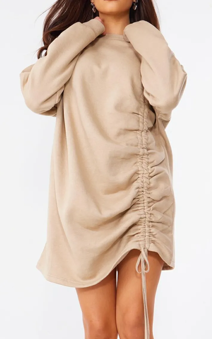 Oatmeal Crew Neck Oversized Ruched Sweatshirt Dress