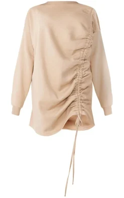 Oatmeal Crew Neck Oversized Ruched Sweatshirt Dress