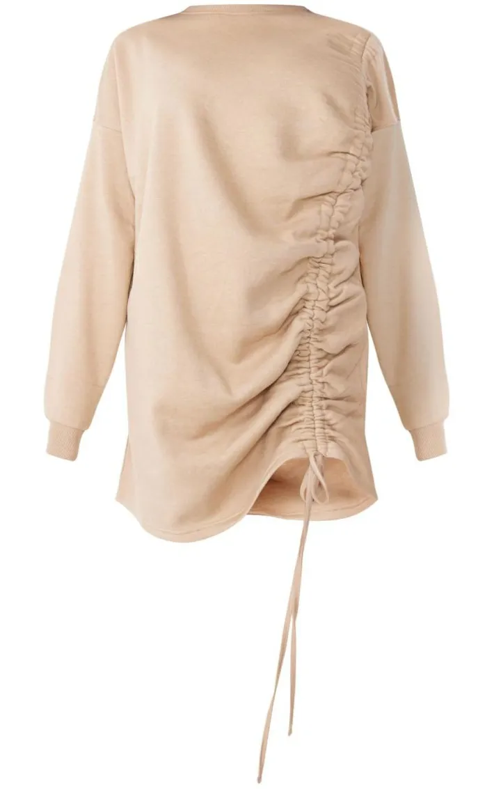 Oatmeal Crew Neck Oversized Ruched Sweatshirt Dress