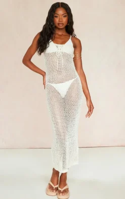 Oatmeal Crochet Front Lace Bandeau Maxi Dress