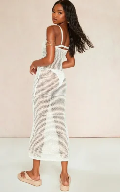 Oatmeal Crochet Front Lace Bandeau Maxi Dress