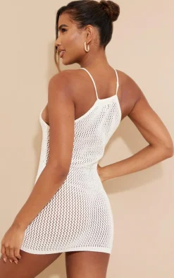 Oatmeal Crochet Tie Strap Mini Dress