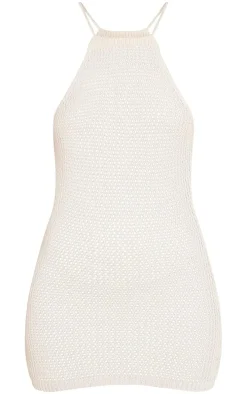 Oatmeal Crochet Tie Strap Mini Dress