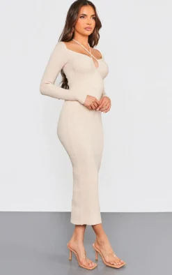 Oatmeal Cross Front Soft Rib Knit Maxi Dress