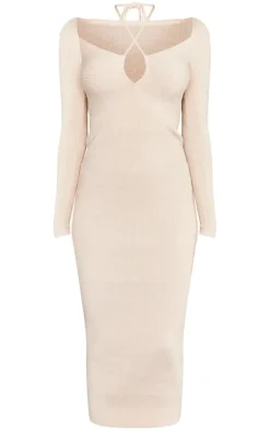 Oatmeal Cross Front Soft Rib Knit Maxi Dress