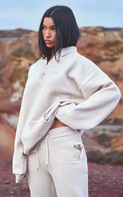 Oatmeal Embroidered Oversized Fit Collar Sweatshirt