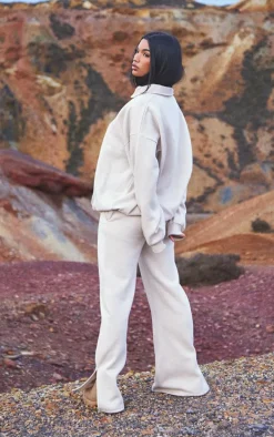 Oatmeal Embroidered Oversized Fit Collar Sweatshirt