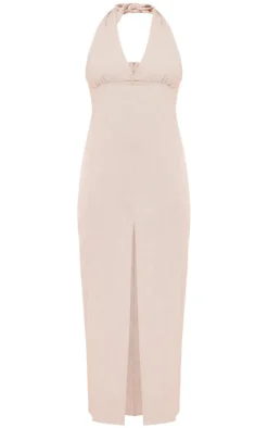 Oatmeal Halterneck Linen Look Midi Dress