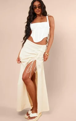 Oatmeal Linen Look Ruched Maxi Skirt