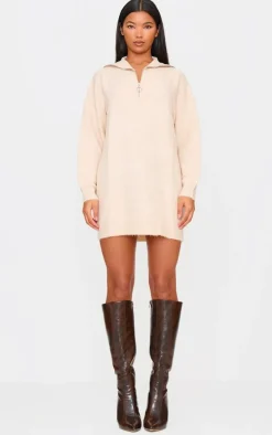 Oatmeal Luxe Knit Half Zip Sweater Dress
