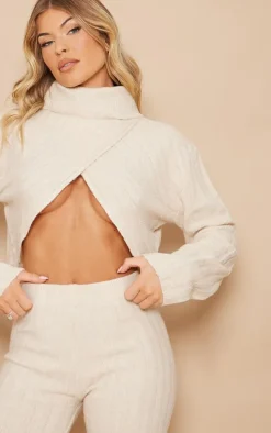 Oatmeal Luxe Knit Wide Rib Cross Back Crop Sweater