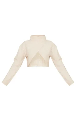 Oatmeal Luxe Knit Wide Rib Cross Back Crop Sweater